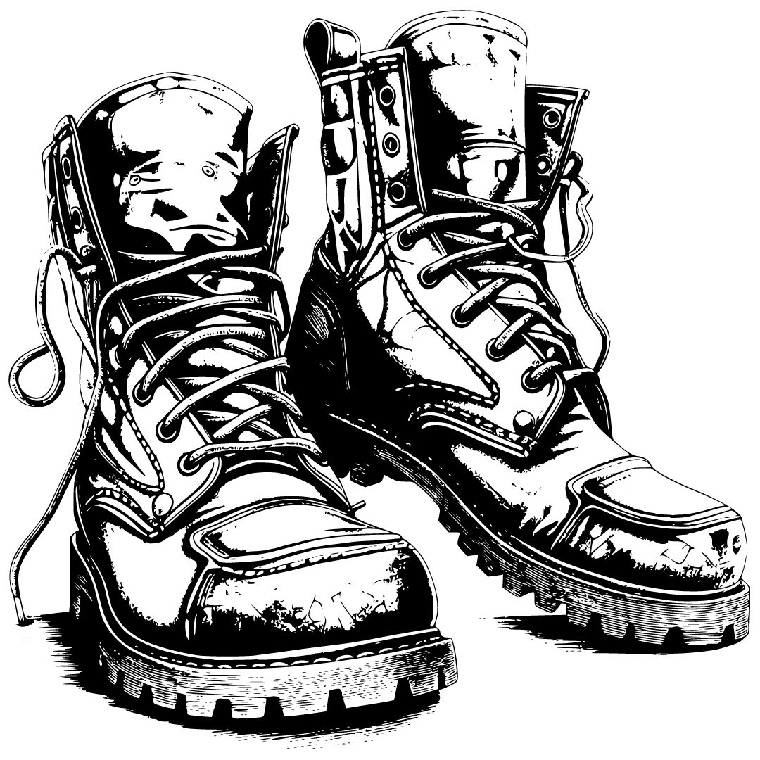 Bootblack Logo for T-Shirt Sale showing black line art of Boots
